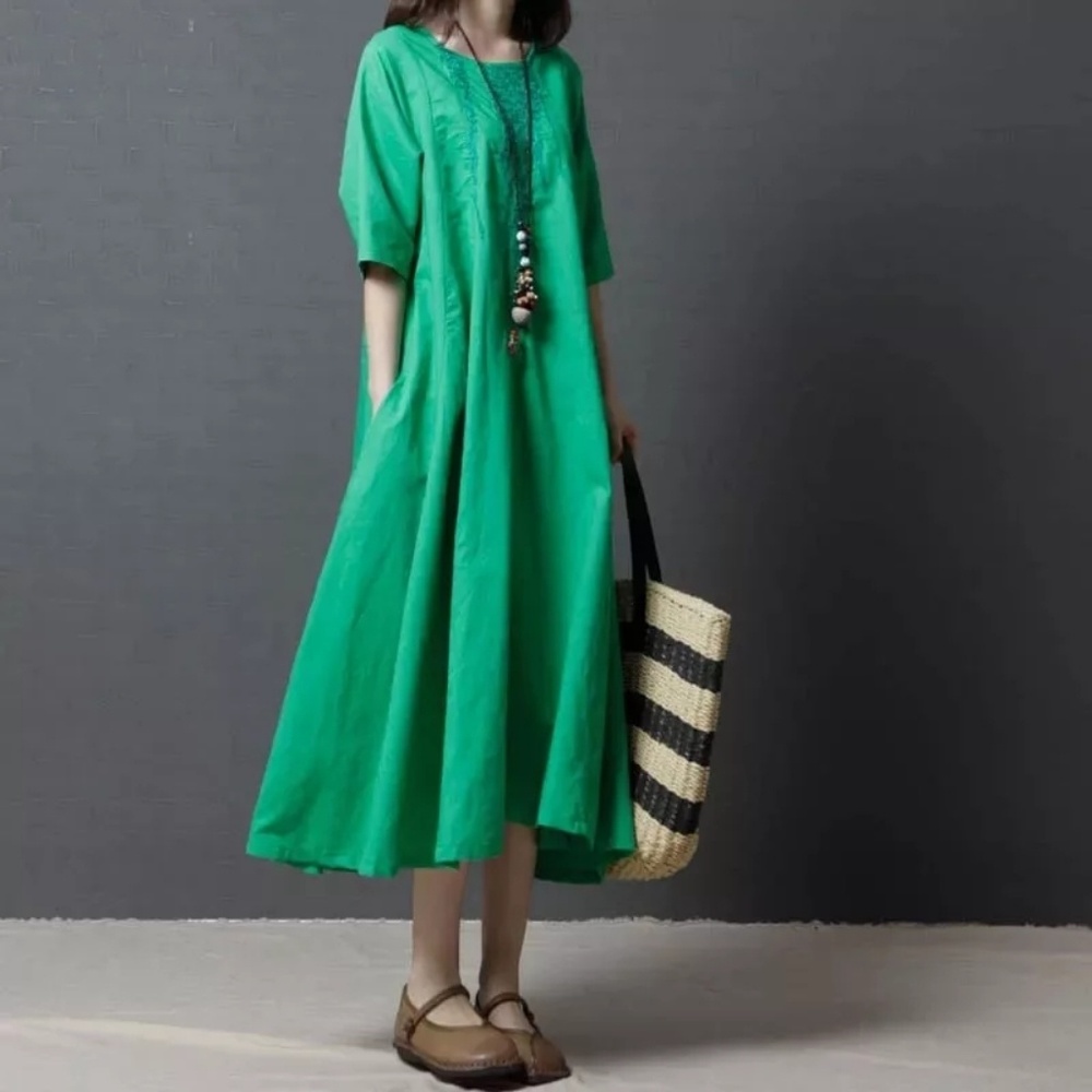 Light linen summer casual dress kaftan pockets
